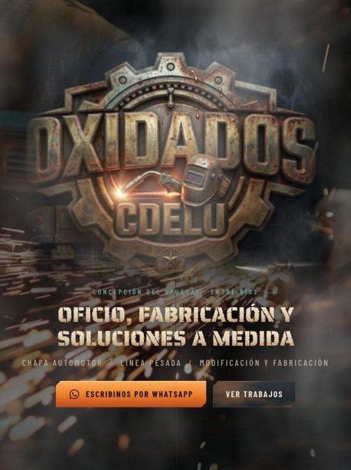 Oxidados CDELU home page: “Oficio, fabricación y soluciones a medida” (craft, fabrication and custom solutions), with a button to message on WhatsApp.