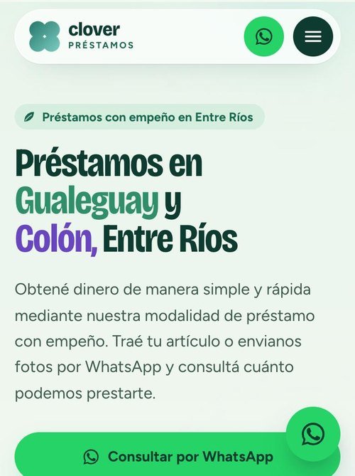 Préstamos Clover home page: “Préstamos en Gualeguay y Colón, Entre Ríos” (loans in Gualeguay and Colón, Entre Ríos), with a button to inquire on WhatsApp.